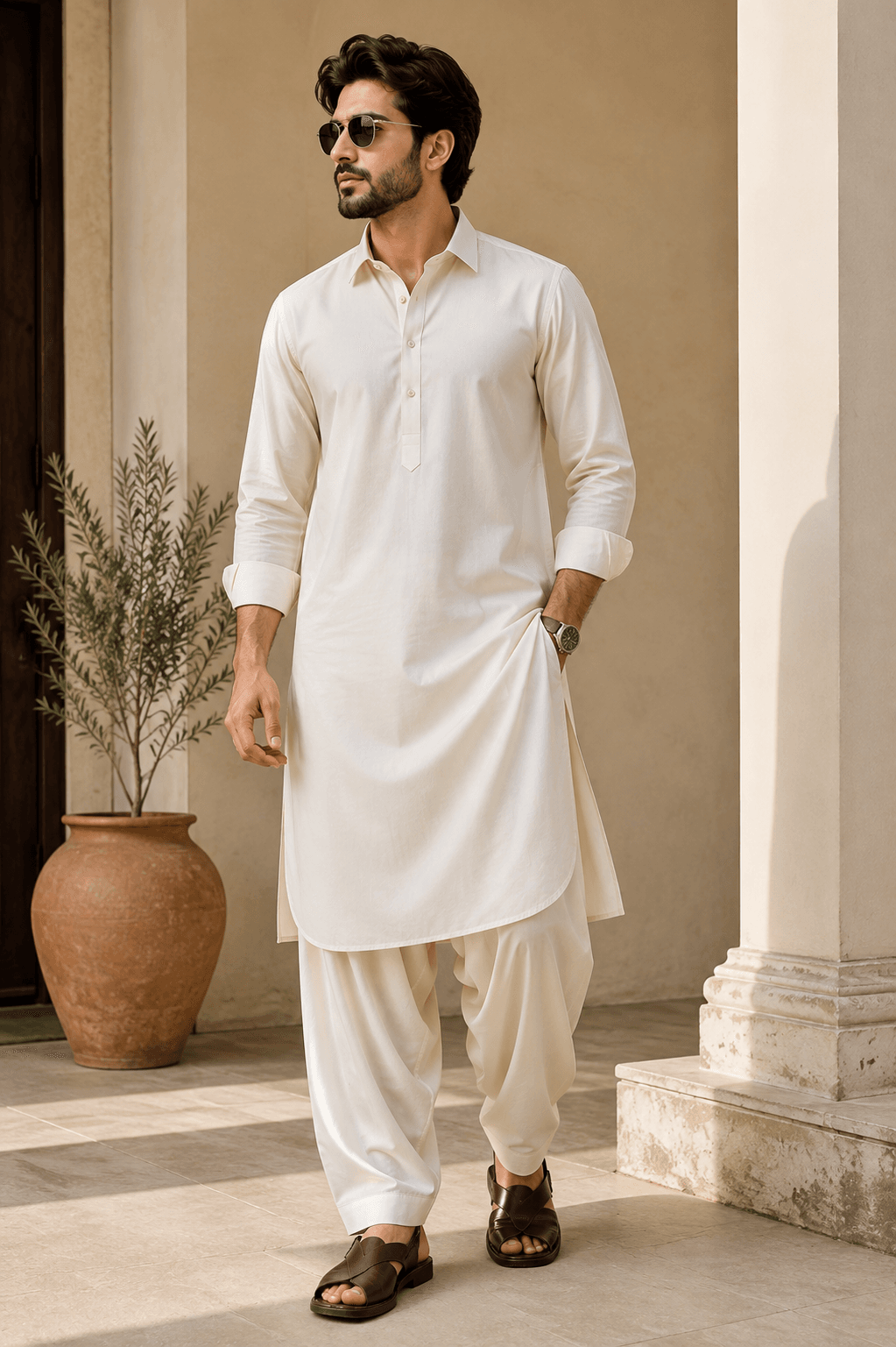 Model wearing a tailored Pathani suit